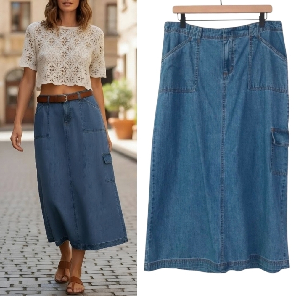 Vintage 90s White Stag Denim Midi Maxi Patch Pockets Jean Skirt